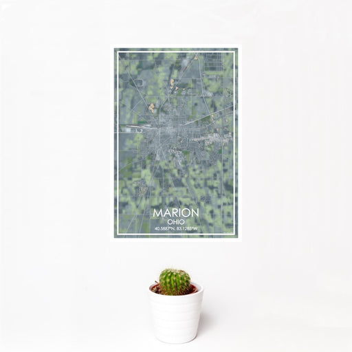 12x18 Marion Ohio Map Print Portrait Orientation in Afternoon Style With Small Cactus Plant in White Planter