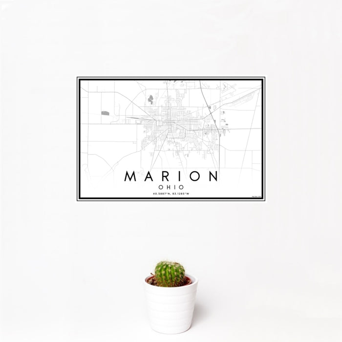 12x18 Marion Ohio Map Print Landscape Orientation in Classic Style With Small Cactus Plant in White Planter