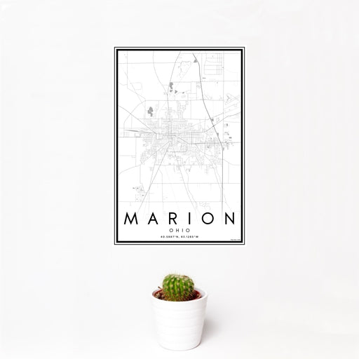 12x18 Marion Ohio Map Print Portrait Orientation in Classic Style With Small Cactus Plant in White Planter