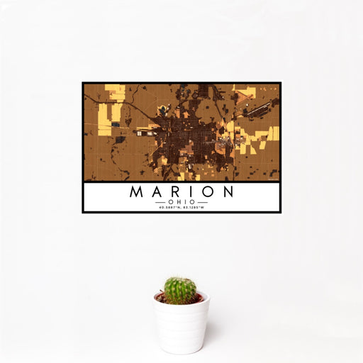 12x18 Marion Ohio Map Print Landscape Orientation in Ember Style With Small Cactus Plant in White Planter
