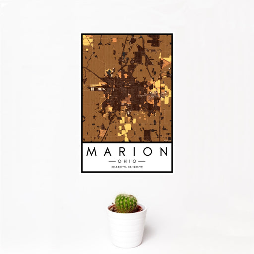 12x18 Marion Ohio Map Print Portrait Orientation in Ember Style With Small Cactus Plant in White Planter