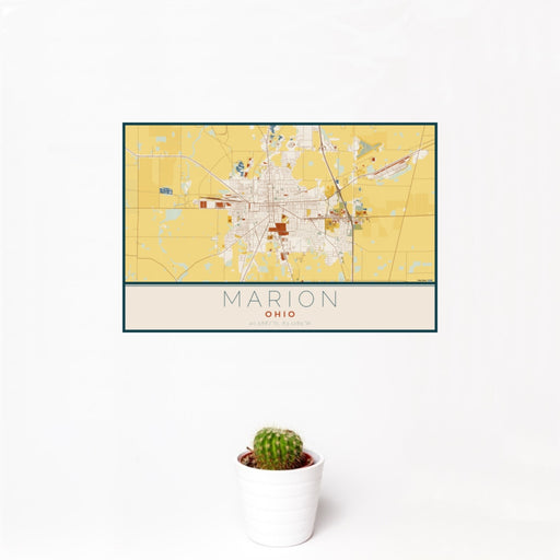 12x18 Marion Ohio Map Print Landscape Orientation in Woodblock Style With Small Cactus Plant in White Planter