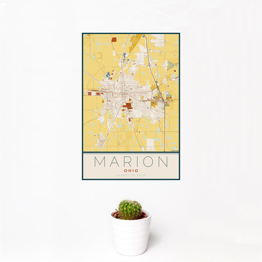 12x18 Marion Ohio Map Print Portrait Orientation in Woodblock Style With Small Cactus Plant in White Planter