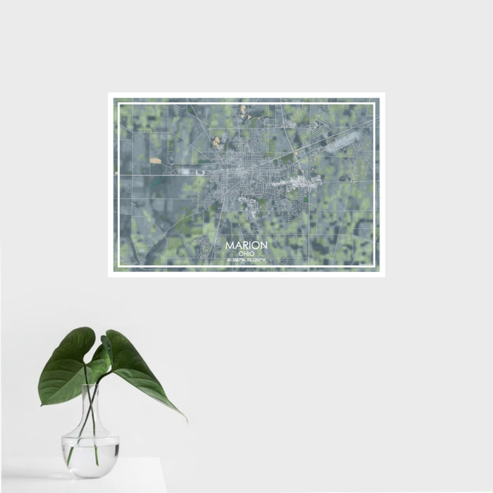 16x24 Marion Ohio Map Print Landscape Orientation in Afternoon Style With Tropical Plant Leaves in Water