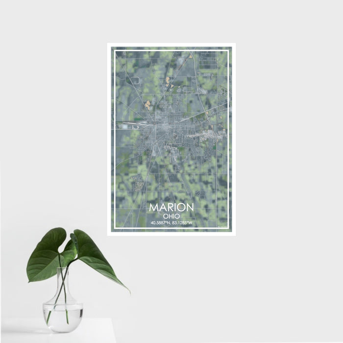 16x24 Marion Ohio Map Print Portrait Orientation in Afternoon Style With Tropical Plant Leaves in Water