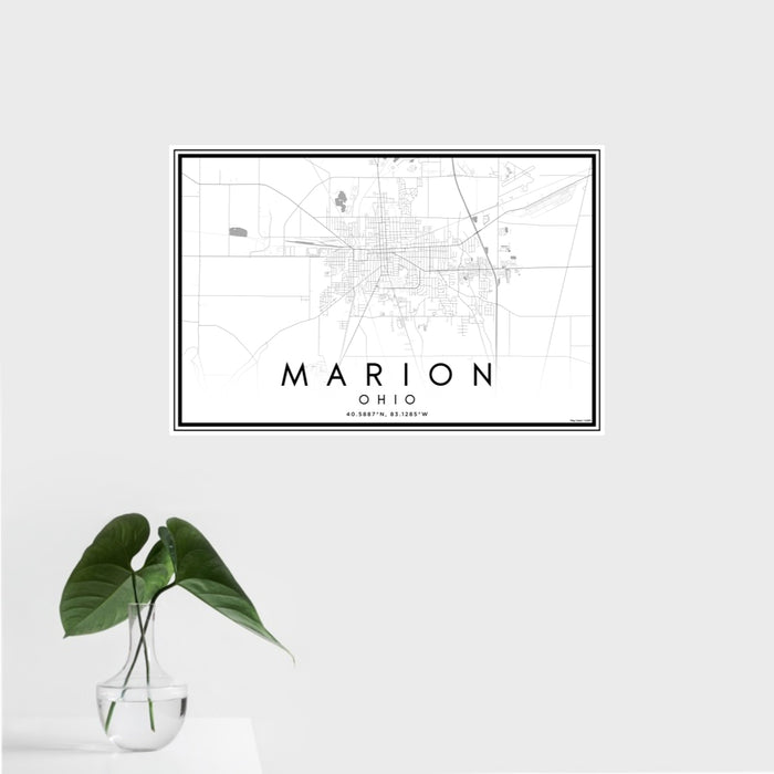 16x24 Marion Ohio Map Print Landscape Orientation in Classic Style With Tropical Plant Leaves in Water