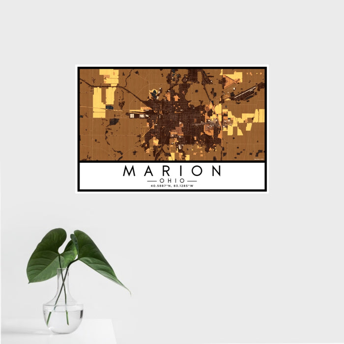 16x24 Marion Ohio Map Print Landscape Orientation in Ember Style With Tropical Plant Leaves in Water