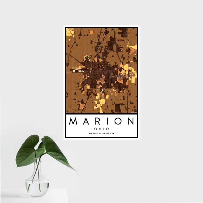 16x24 Marion Ohio Map Print Portrait Orientation in Ember Style With Tropical Plant Leaves in Water