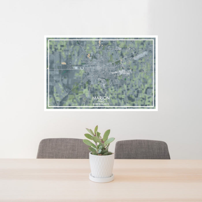24x36 Marion Ohio Map Print Lanscape Orientation in Afternoon Style Behind 2 Chairs Table and Potted Plant