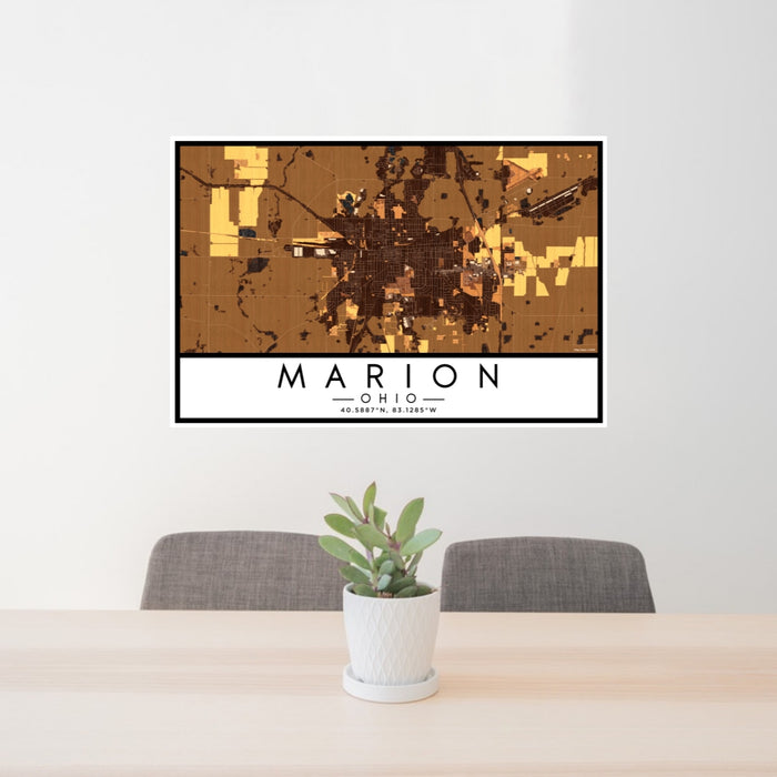 24x36 Marion Ohio Map Print Lanscape Orientation in Ember Style Behind 2 Chairs Table and Potted Plant