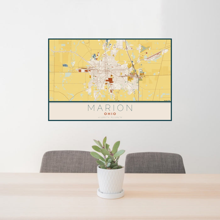 24x36 Marion Ohio Map Print Lanscape Orientation in Woodblock Style Behind 2 Chairs Table and Potted Plant