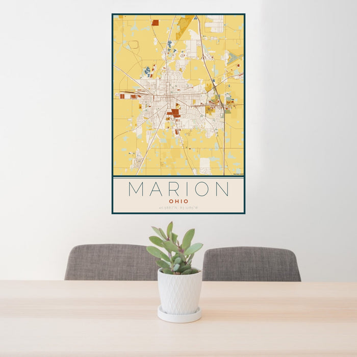 24x36 Marion Ohio Map Print Portrait Orientation in Woodblock Style Behind 2 Chairs Table and Potted Plant