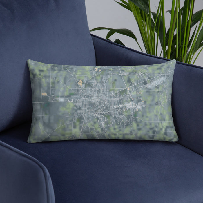 Custom Marion Ohio Map Throw Pillow in Afternoon on Blue Colored Chair