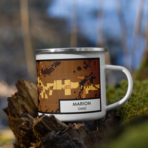 Right View Custom Marion Ohio Map Enamel Mug in Ember on Grass With Trees in Background
