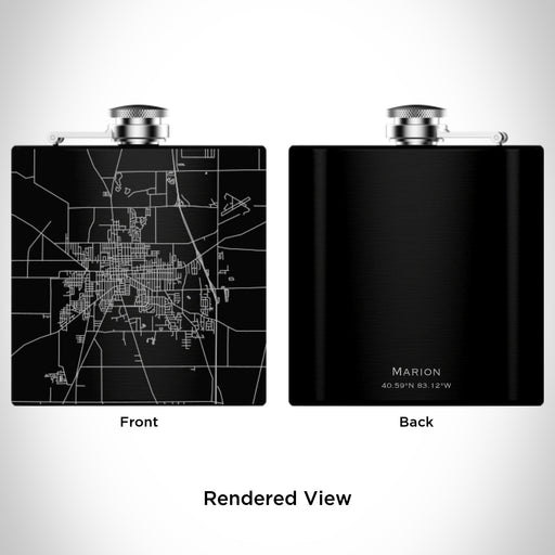 Rendered View of Marion Ohio Map Engraving on 6oz Stainless Steel Flask in Black