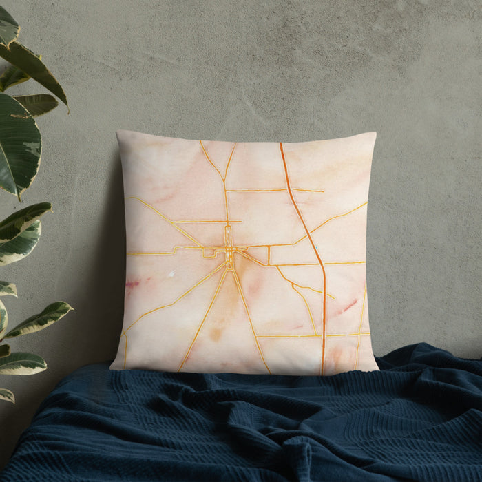 Custom Marion Ohio Map Throw Pillow in Watercolor on Bedding Against Wall
