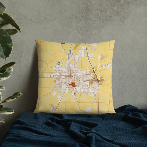 Custom Marion Ohio Map Throw Pillow in Woodblock on Bedding Against Wall