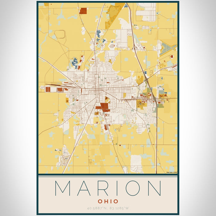 Marion Ohio Map Print Portrait Orientation in Woodblock Style With Shaded Background