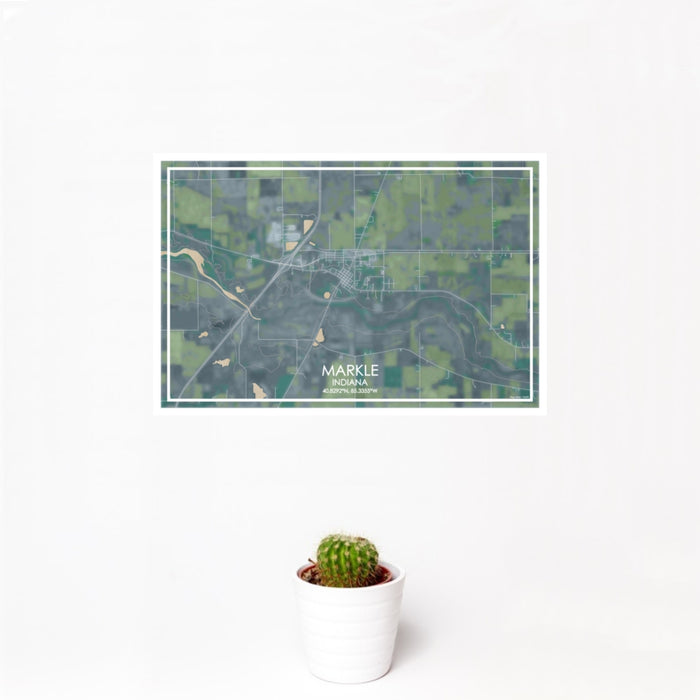 12x18 Markle Indiana Map Print Landscape Orientation in Afternoon Style With Small Cactus Plant in White Planter