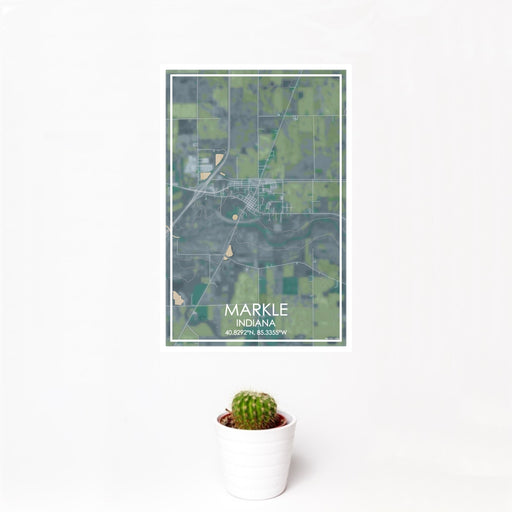 12x18 Markle Indiana Map Print Portrait Orientation in Afternoon Style With Small Cactus Plant in White Planter