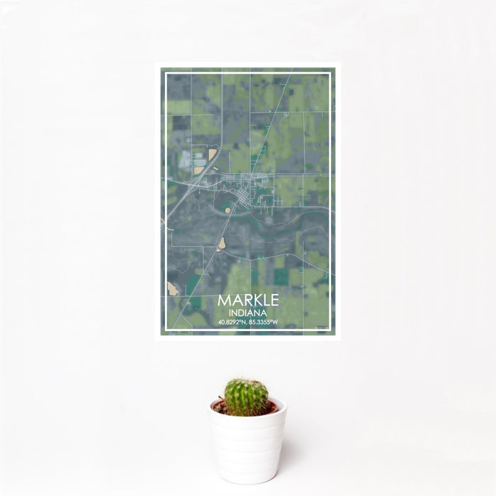 12x18 Markle Indiana Map Print Portrait Orientation in Afternoon Style With Small Cactus Plant in White Planter