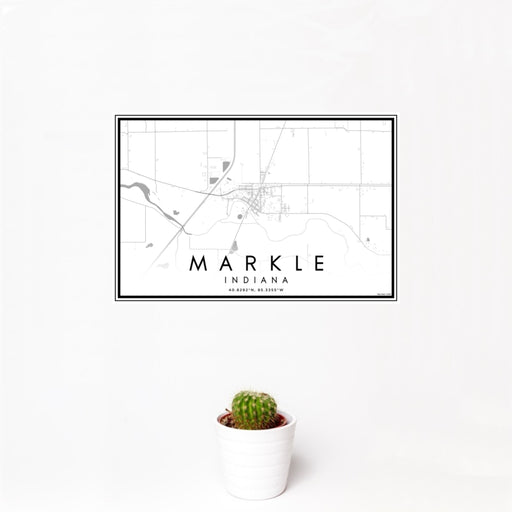 12x18 Markle Indiana Map Print Landscape Orientation in Classic Style With Small Cactus Plant in White Planter