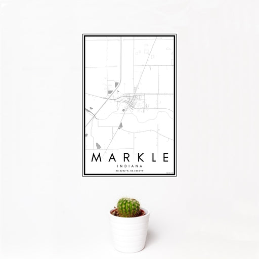 12x18 Markle Indiana Map Print Portrait Orientation in Classic Style With Small Cactus Plant in White Planter