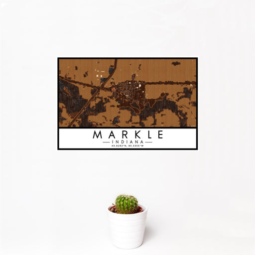 12x18 Markle Indiana Map Print Landscape Orientation in Ember Style With Small Cactus Plant in White Planter