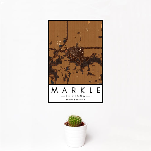 12x18 Markle Indiana Map Print Portrait Orientation in Ember Style With Small Cactus Plant in White Planter