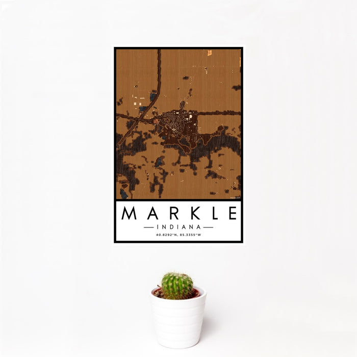 12x18 Markle Indiana Map Print Portrait Orientation in Ember Style With Small Cactus Plant in White Planter