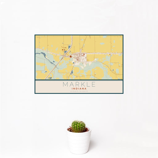 12x18 Markle Indiana Map Print Landscape Orientation in Woodblock Style With Small Cactus Plant in White Planter