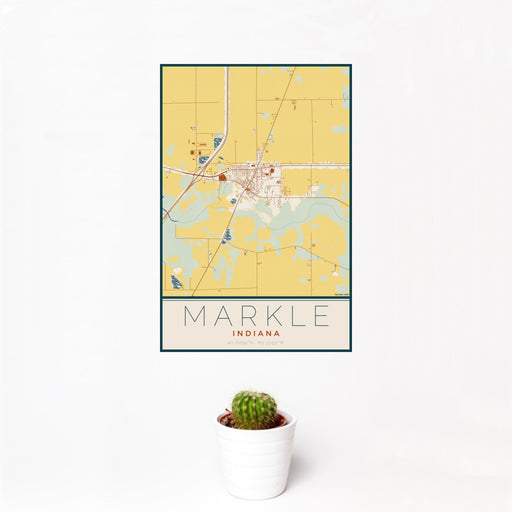 12x18 Markle Indiana Map Print Portrait Orientation in Woodblock Style With Small Cactus Plant in White Planter