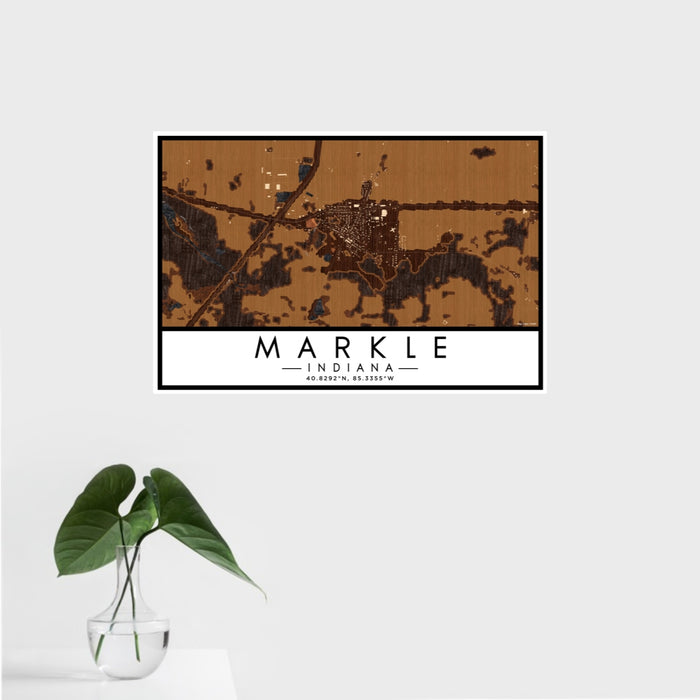 16x24 Markle Indiana Map Print Landscape Orientation in Ember Style With Tropical Plant Leaves in Water