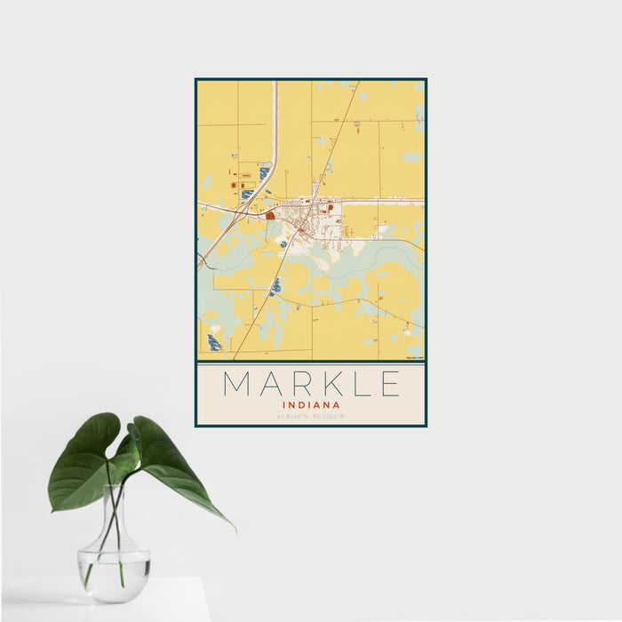 16x24 Markle Indiana Map Print Portrait Orientation in Woodblock Style With Tropical Plant Leaves in Water