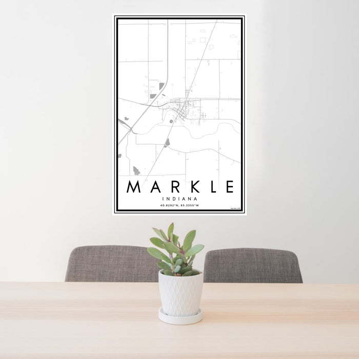 24x36 Markle Indiana Map Print Portrait Orientation in Classic Style Behind 2 Chairs Table and Potted Plant