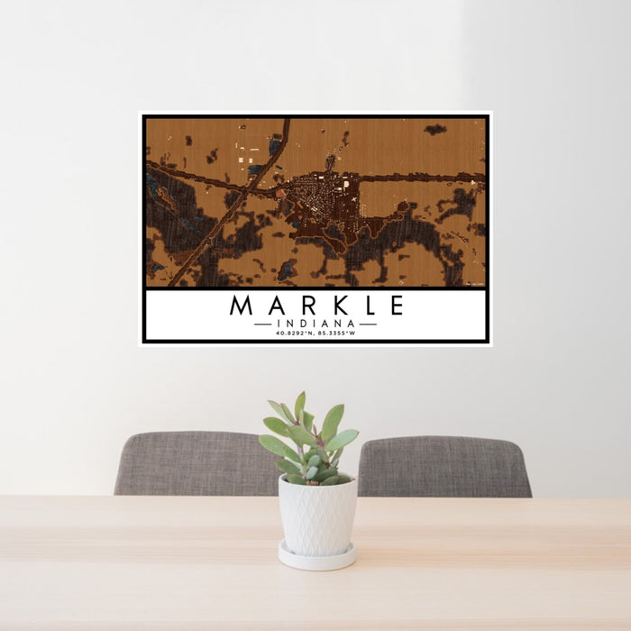 24x36 Markle Indiana Map Print Lanscape Orientation in Ember Style Behind 2 Chairs Table and Potted Plant