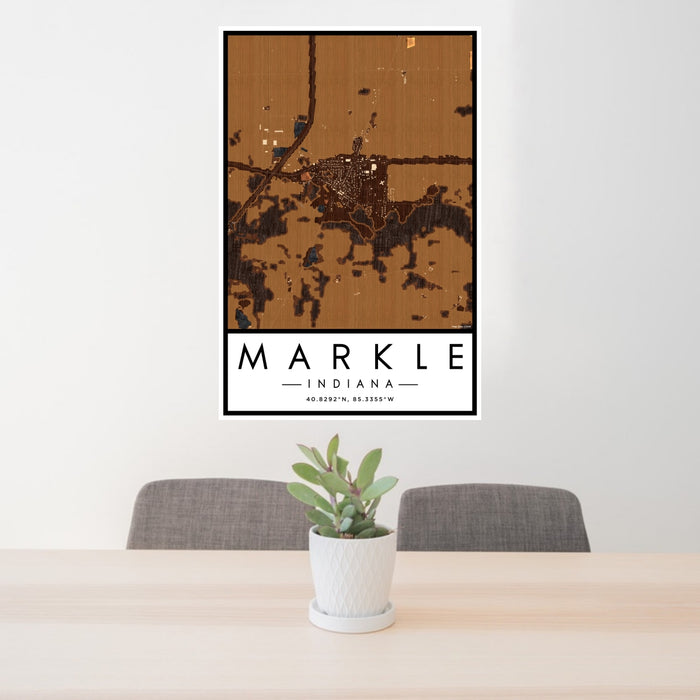 24x36 Markle Indiana Map Print Portrait Orientation in Ember Style Behind 2 Chairs Table and Potted Plant