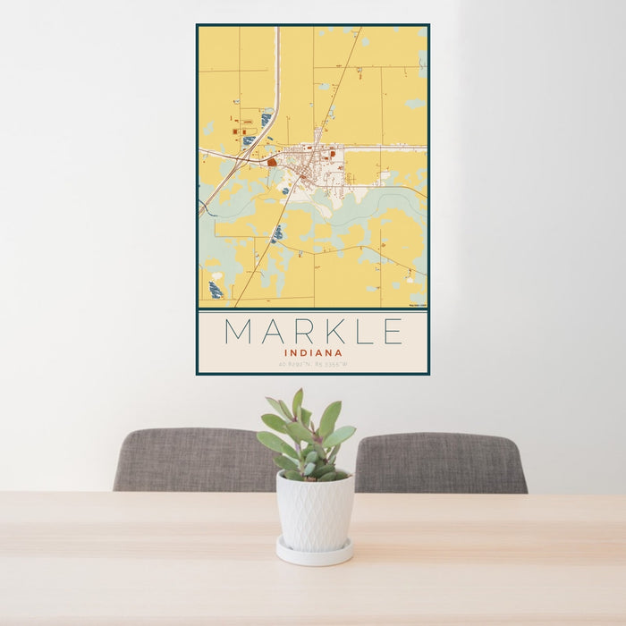 24x36 Markle Indiana Map Print Portrait Orientation in Woodblock Style Behind 2 Chairs Table and Potted Plant
