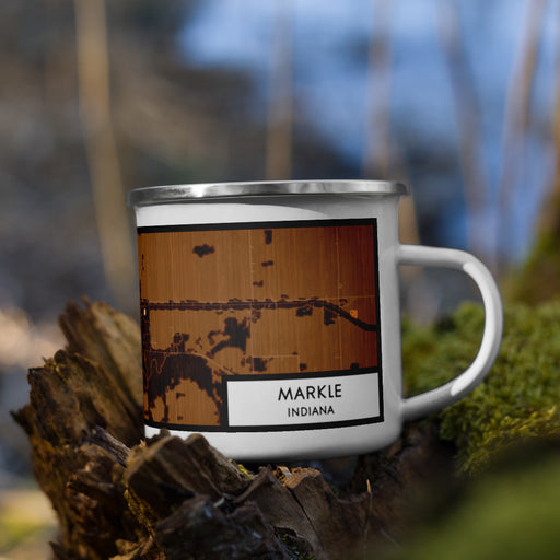 Right View Custom Markle Indiana Map Enamel Mug in Ember on Grass With Trees in Background