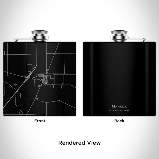 Rendered View of Markle Indiana Map Engraving on 6oz Stainless Steel Flask in Black