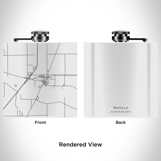 Rendered View of Markle Indiana Map Engraving on 6oz Stainless Steel Flask in White