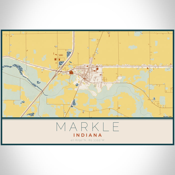 Markle Indiana Map Print Landscape Orientation in Woodblock Style With Shaded Background