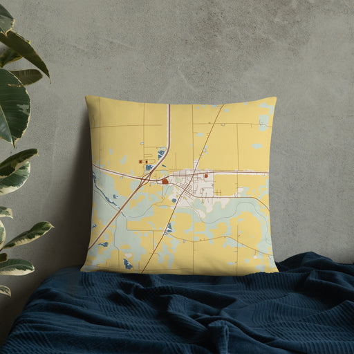 Custom Markle Indiana Map Throw Pillow in Woodblock on Bedding Against Wall