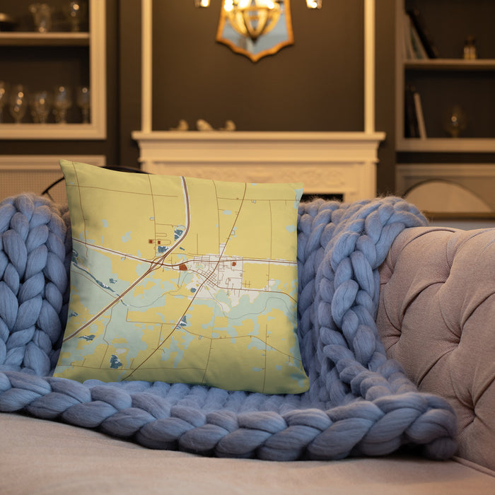 Custom Markle Indiana Map Throw Pillow in Woodblock on Cream Colored Couch