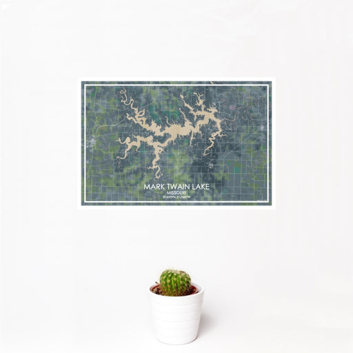 12x18 Mark Twain Lake Missouri Map Print Landscape Orientation in Afternoon Style With Small Cactus Plant in White Planter