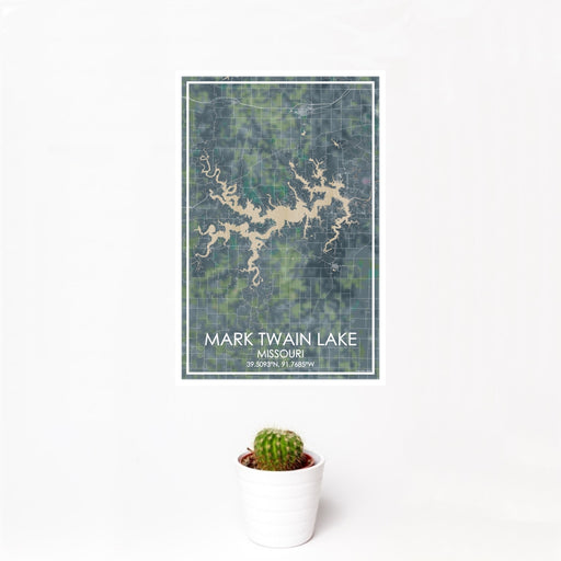 12x18 Mark Twain Lake Missouri Map Print Portrait Orientation in Afternoon Style With Small Cactus Plant in White Planter