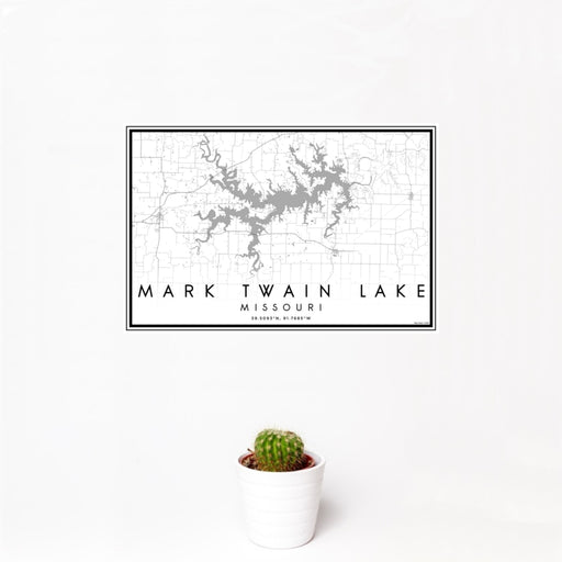 12x18 Mark Twain Lake Missouri Map Print Landscape Orientation in Classic Style With Small Cactus Plant in White Planter