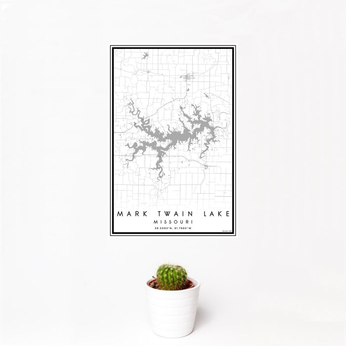 12x18 Mark Twain Lake Missouri Map Print Portrait Orientation in Classic Style With Small Cactus Plant in White Planter