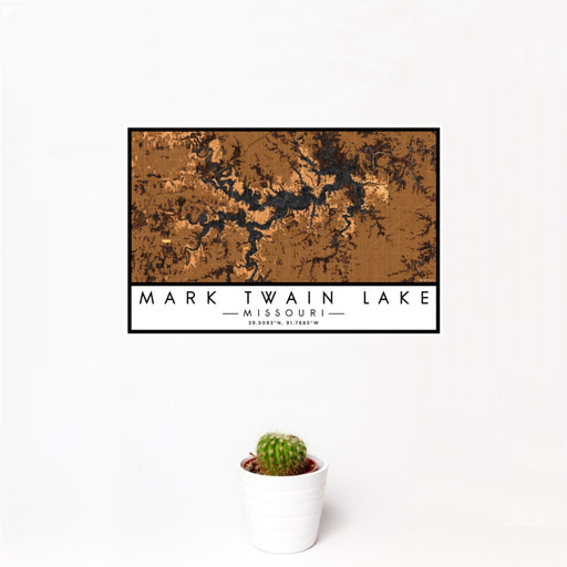 12x18 Mark Twain Lake Missouri Map Print Landscape Orientation in Ember Style With Small Cactus Plant in White Planter
