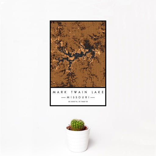 12x18 Mark Twain Lake Missouri Map Print Portrait Orientation in Ember Style With Small Cactus Plant in White Planter